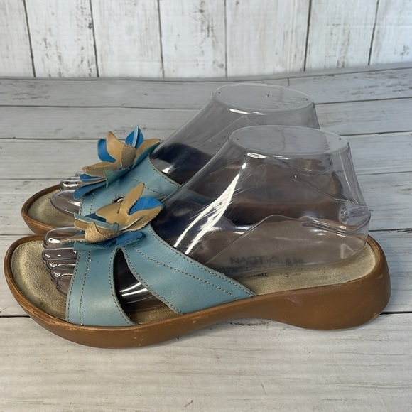 Naot Shades of Blue and Beige Leather Flower Embellished Slide Sandals - Picture 7 of 12